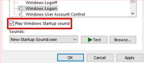 choose the checkbox labeled "Play Windows Startup Sound" and click OK