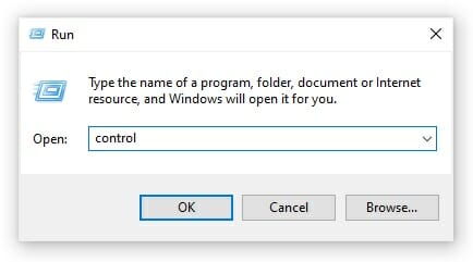 type “control” in the command box and click on OK to enter the Control panel on your computer.