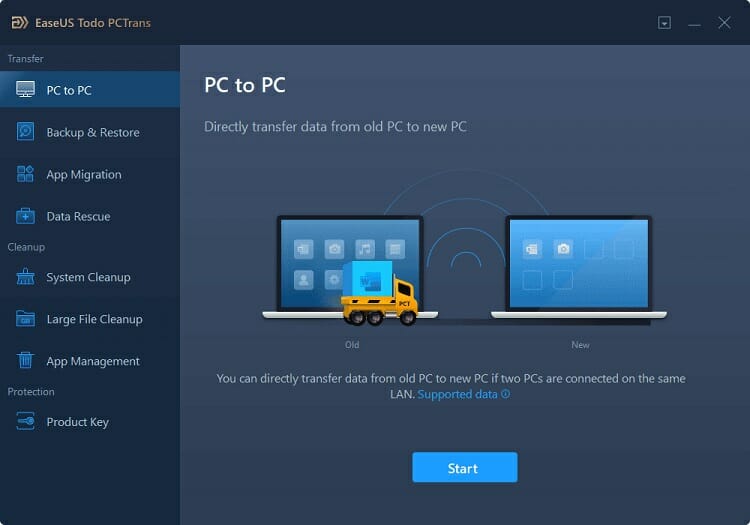 go to the "PC to PC" menu and click on the "PC to PC" option.