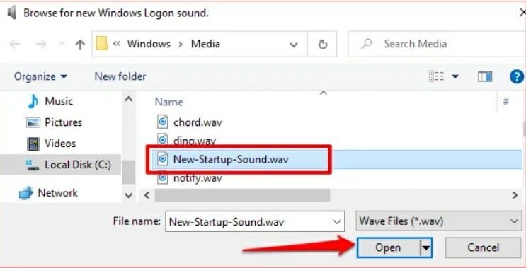 Pick the audio file (in WAV format) that you previously transferred to the Media 