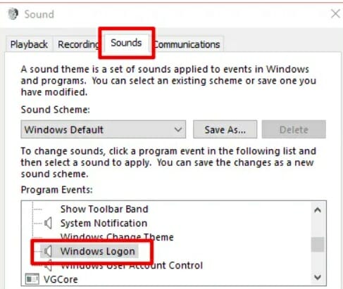 Choose Sounds > Program Events > Windows Logon