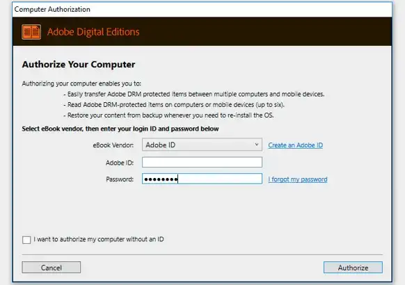 Adobe If and password to reauthorize the Adobe Digital Editions