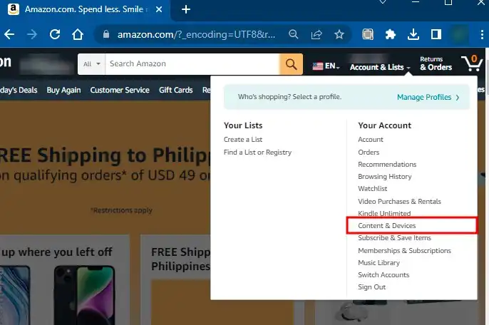Go to Your Account _ Lists Content _ Device