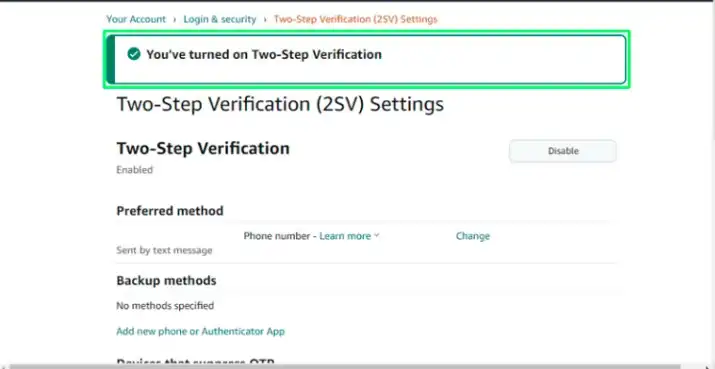 Review your 2SV settings and click Enable 2S